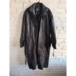 SAXONY Black Genuine Leather Long Coat Trench Belted Lined Size M 46” Length